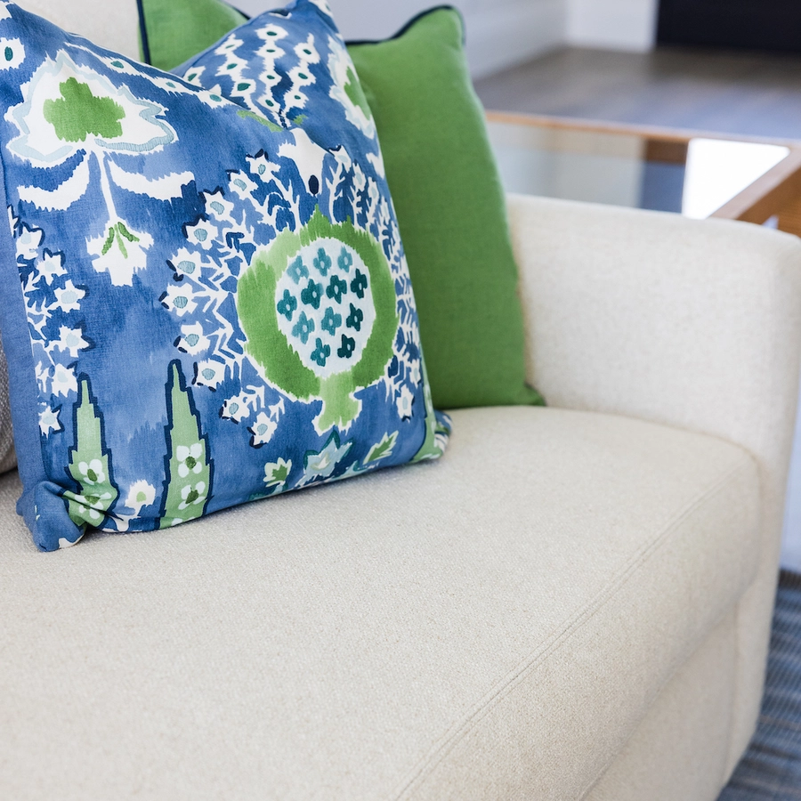 Thibaut custom pillows in navy and green