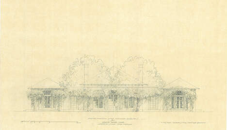 A drawing of the posterior view of the Folly and Gardens retreat
