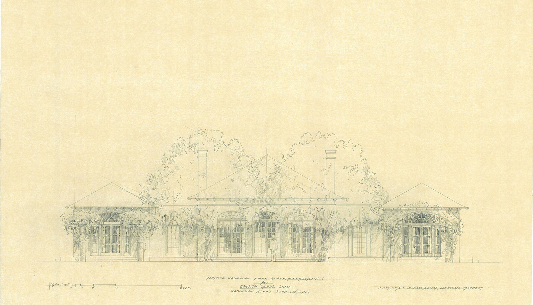 A drawing of the posterior view of the Folly and Gardens retreat