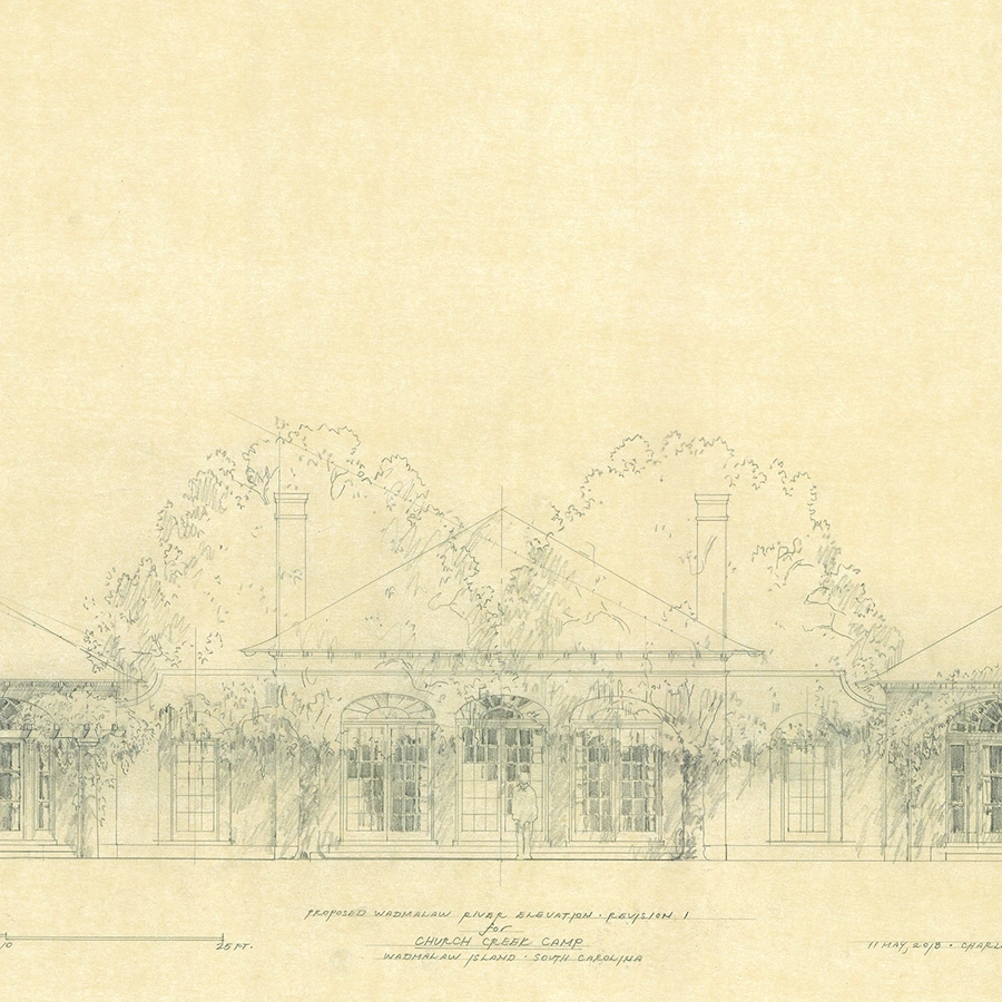 A drawing of the posterior view of the Folly and Gardens retreat