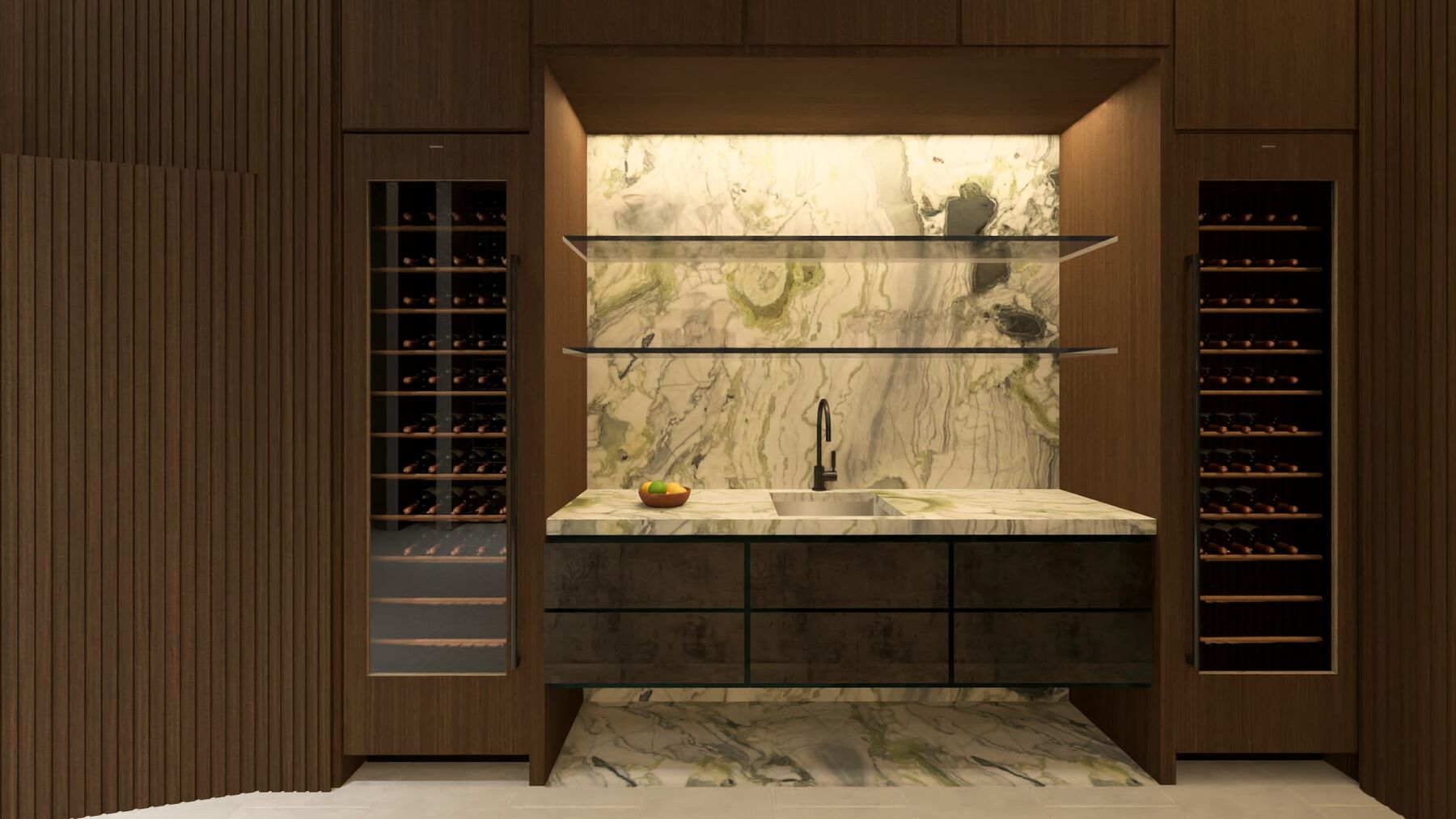 pool overlooking the ocean in lite up the night