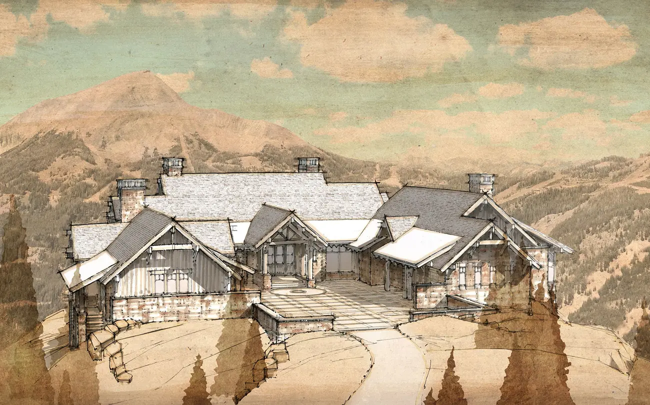 drawing of lookout lodge entry perspective