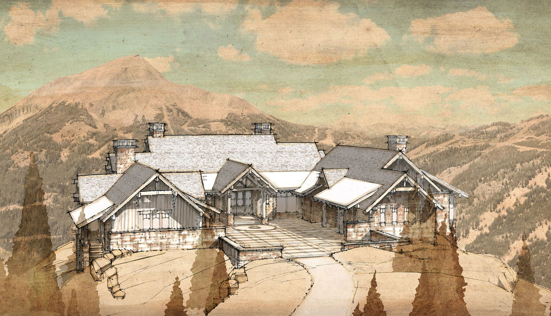 drawing of lookout lodge entry perspective