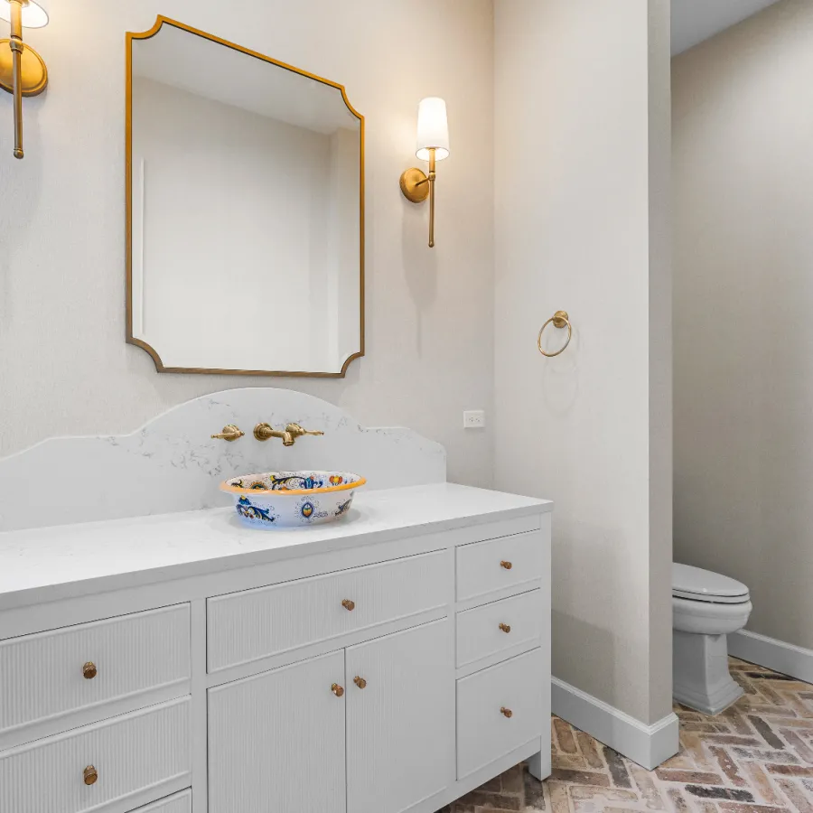 large guest bathroom with hand-painted sink basin