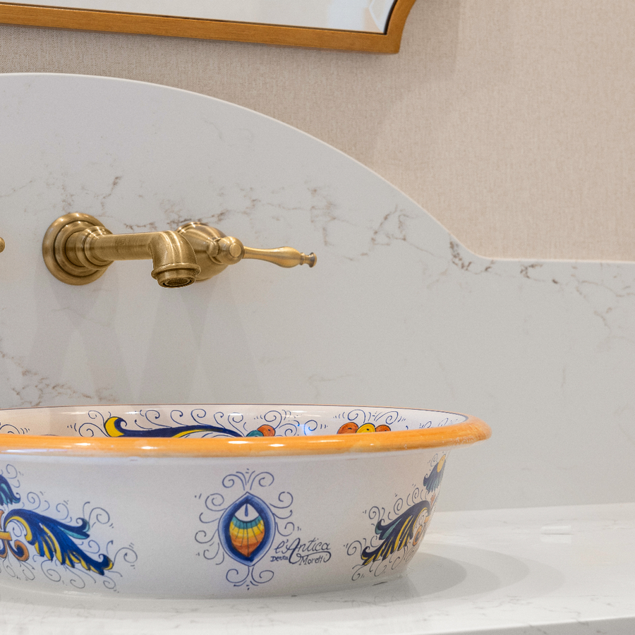 large guest bathroom with hand-painted sink basin