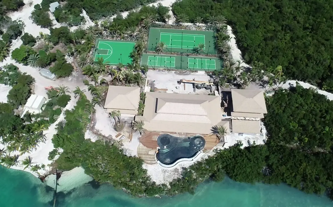 A bird's eye view of the private island retreat, with its three tennis courts and basketball court