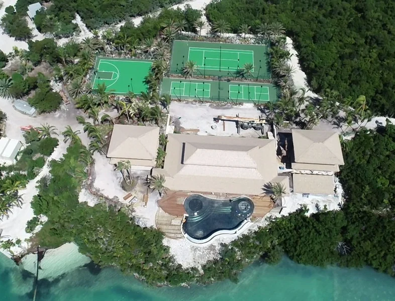 A bird's eye view of the private island retreat, with its three tennis courts and basketball court