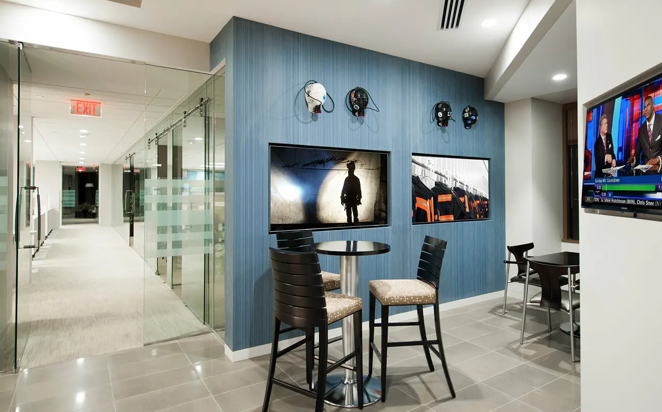 cafe seating in riverfront high rise offices