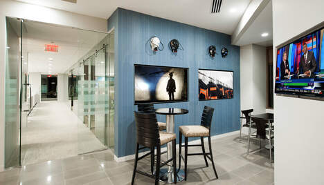 cafe seating in riverfront high rise offices