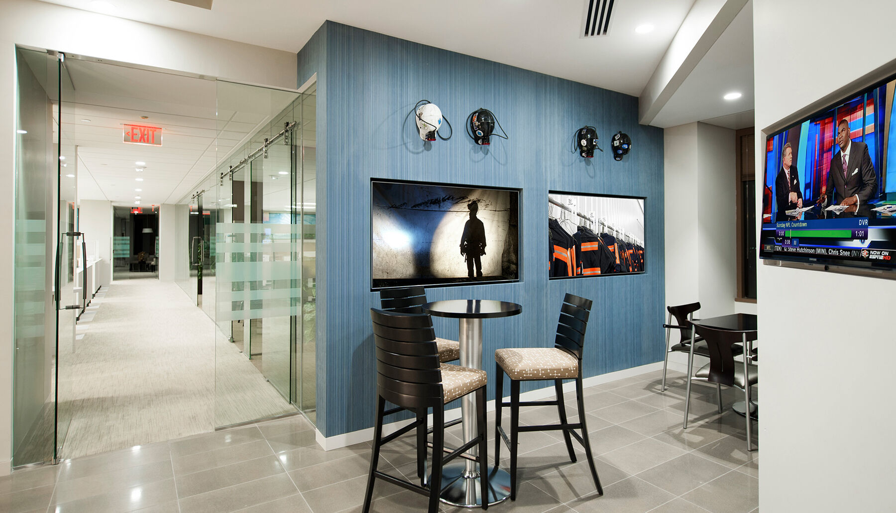 cafe seating in riverfront high rise offices